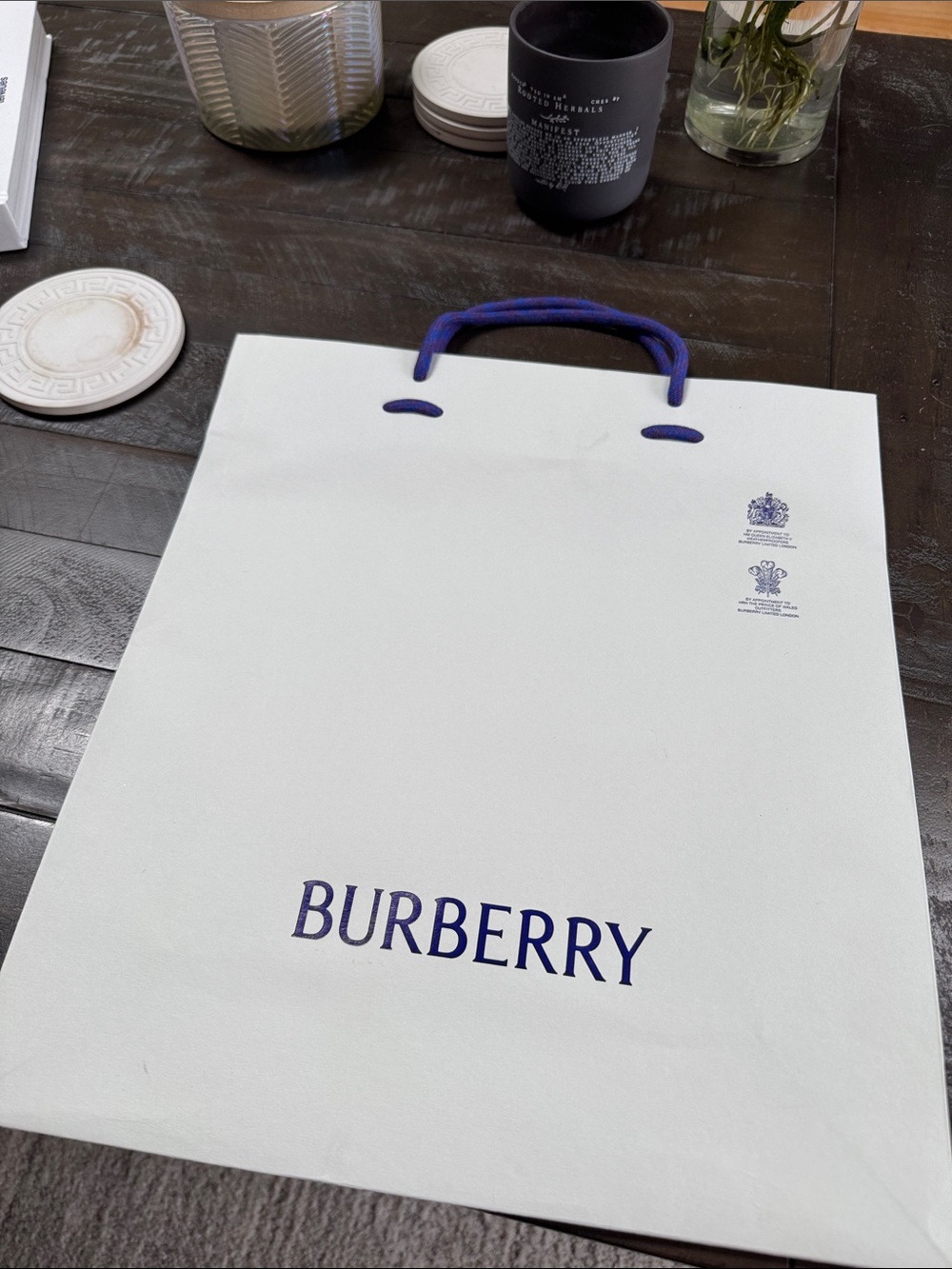 Burberry White Shopping Bag with Blue Logo & Handles